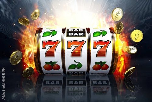 Vibrant slot machine with lucky sevens and coins bursting with excitement. photo