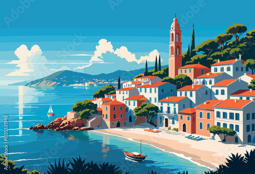 Picturesque Mediterranean Coastal Village with Red Roofs