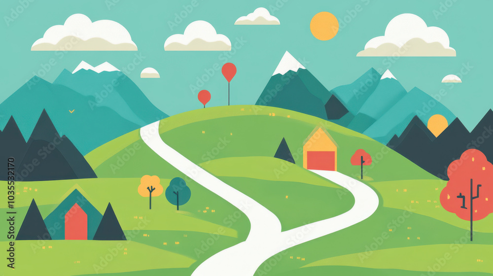 Fototapeta premium vibrant landscape featuring rolling green hills, colorful trees, and winding path leading to charming houses. scene is bright and cheerful, evoking sense of tranquility and adventure