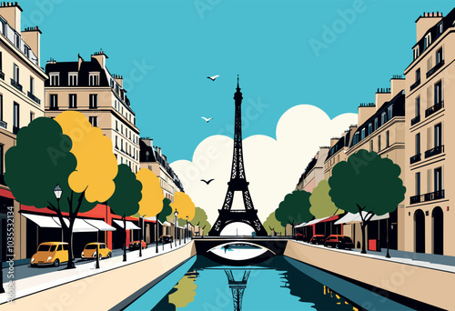 Parisian Street at Sunset with Eiffel Tower Reflection
