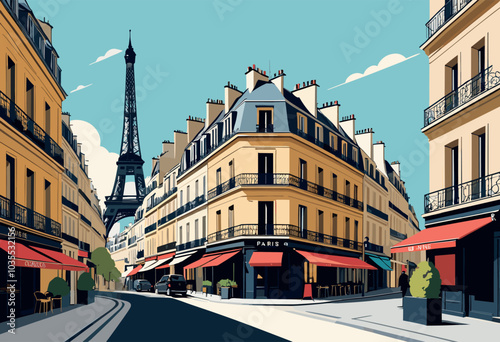 Parisian Street at Sunset with Eiffel Tower Reflection