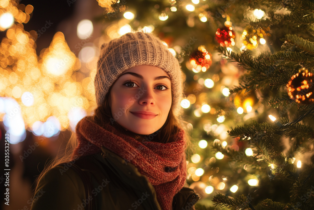 Woman smiling with holiday lights and festive decorations. Woman smiling with holiday lights and festive decorations.