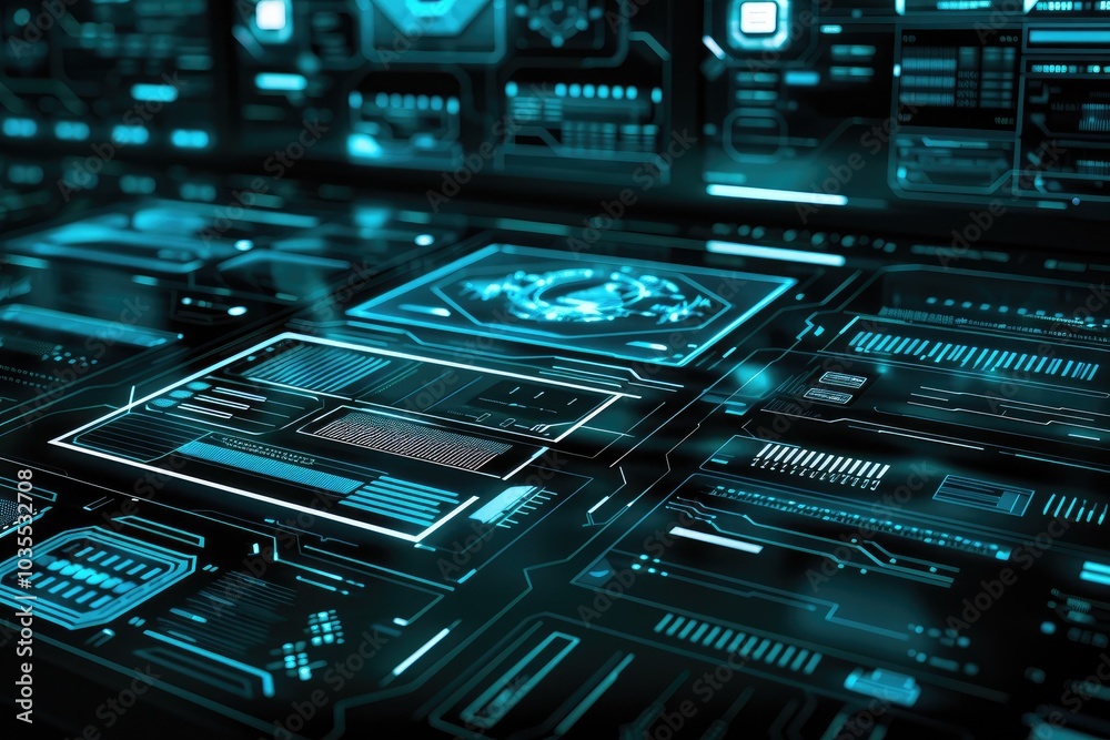 Fototapeta premium Futuristic digital interface with glowing elements and data visualization, perfect for technology and innovation themes.