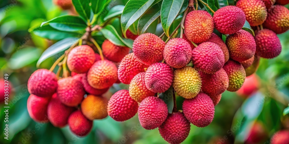 A cluster of ripe lychees hanging from a branch, showcasing their vibrant red skin and bumpy texture. A cluster of ripe lychees hanging from a branch, showcasing their vibrant red skin and bumpy texture.