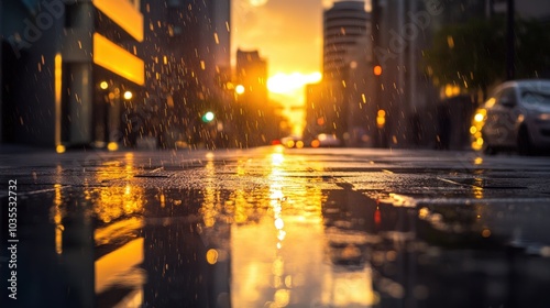 Golden Hour Sunset Reflecting on Rain-Soaked City Streets for Urban Photography and Mood Lighting Inspiration