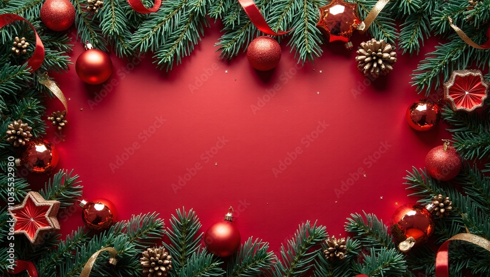 Festive red green plaid fabric with Christmas ornaments ribbons pine sprigs Festive red green plaid fabric with Christmas ornaments ribbons pine sprigs