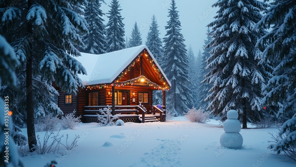 Cozy cabin in snowy forest with Christmas lights and snowman Cozy cabin in snowy forest with Christmas lights and snowman