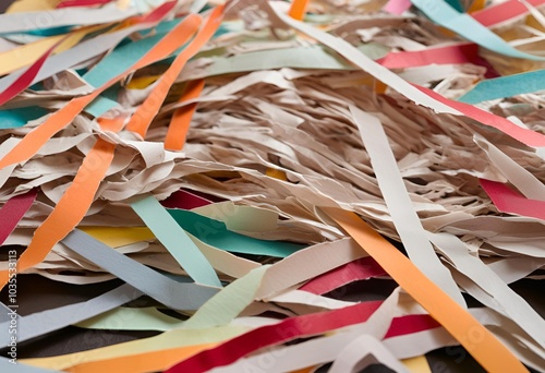 Multi-colored paper cut into strips and discarded, creating remnants of vibrant, shredded pieces for disposal.
