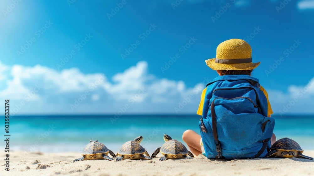 Serene Wildlife Encounter: Traveler Watching Sea Turtles Nesting on Tranquil Beach