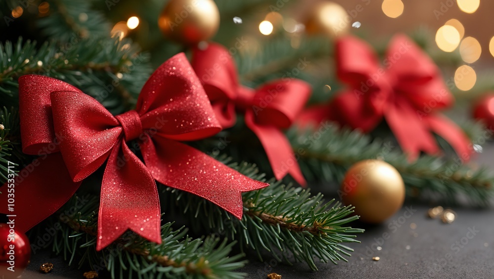 Elegant red bows on pine branches with golden ornaments and snowflakes