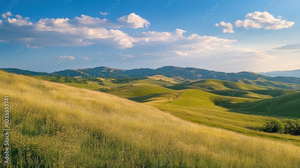 Golden grass-covered hills under blue sky with distant mountains in scenic countryside landscape Golden grass-covered hills under blue sky with distant mountains in scenic countryside landscape