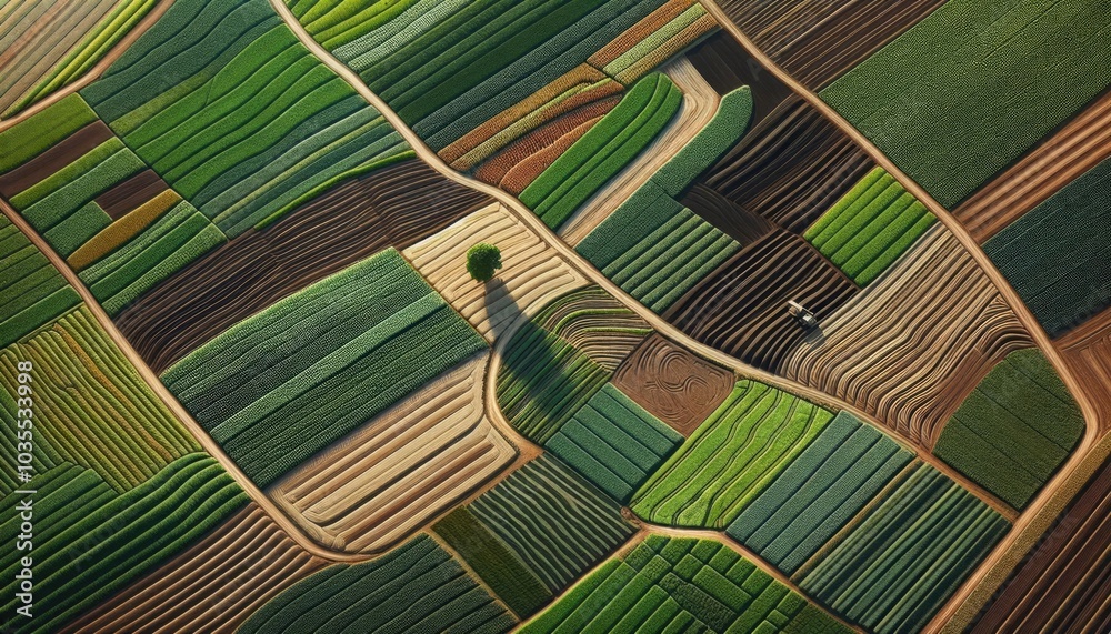 Aerial View of a Patchwork Farmland Landscape, Showcasing Lush Green Crops and Freshly Tilled Fields, Highlighting the Beauty and Balance of Sustainable Agricultural Practices