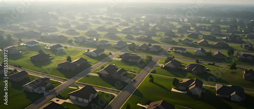 Real Estate - Aerial view of a suburban neighborhood with houses and green lawns.