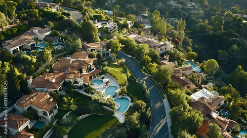 Real Estate - Aerial view of luxurious homes surrounded by greenery and winding roads.