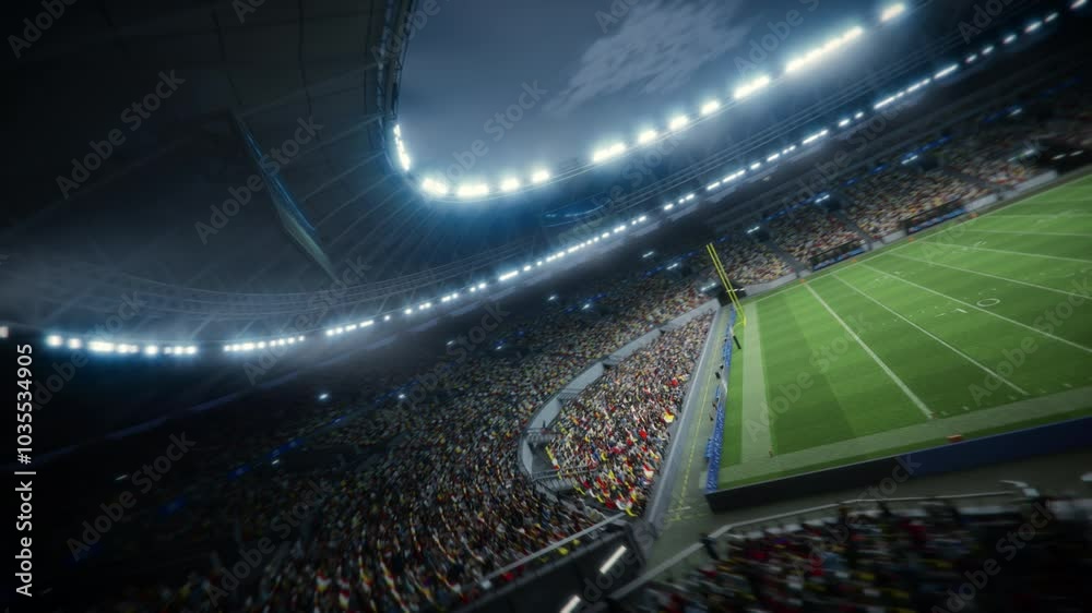 Night Drone Flight Circles American Football Stadium. Massive Crowd Fills Arena. Hosts Major Sport Event With Thousands of Spectators. 360 Degree Orbital Cinematic Flyover Shot