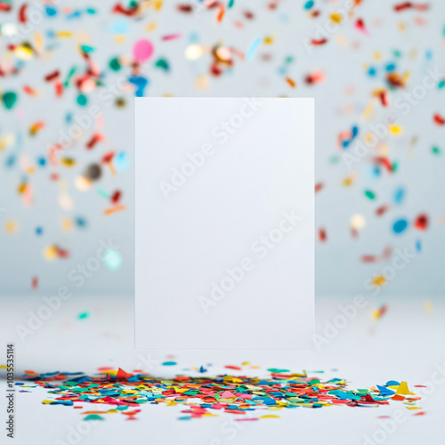 Holiday frame or background with colorful balloon, gift, confetti, silver star, carnival cap and streamer. Flat lay style. Birthday or party greeting card with copy space.
