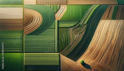 Aerial View of a Patchwork Farmland Landscape, Showcasing Lush Green Crops and Freshly Tilled Fields, Highlighting the Beauty and Balance of Sustainable Agricultural Practices
