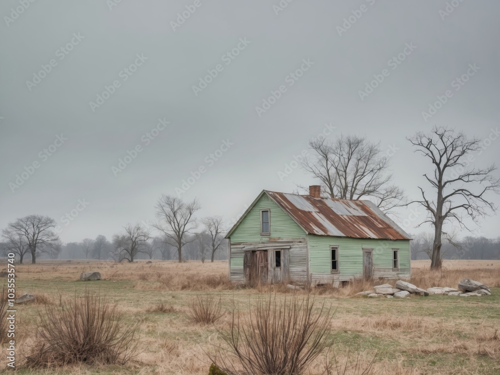 Fototapeta premium Weathered Farmhouse in Countryside Evoking Isolation and Desolation in Muted Expressionist Palette.
