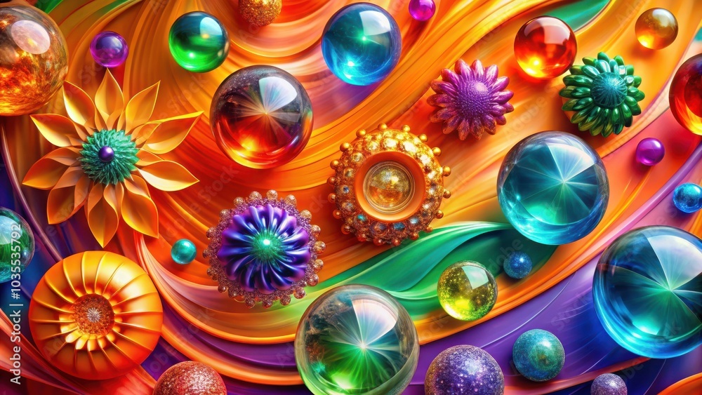 A vibrant abstract composition featuring iridescent spheres and stylized floral elements on a dynamic swirling background. A vibrant abstract composition featuring iridescent spheres and stylized floral elements on a dynamic swirling background.