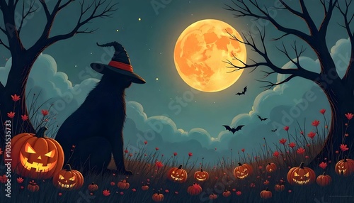 Magical Halloween Cat | A black cat wearing a witch's hat sits among glowing jack-o'-lanterns beneath a harvest moon. Bats fly in the spooky Halloween night. Perfect for autumnal designs!
