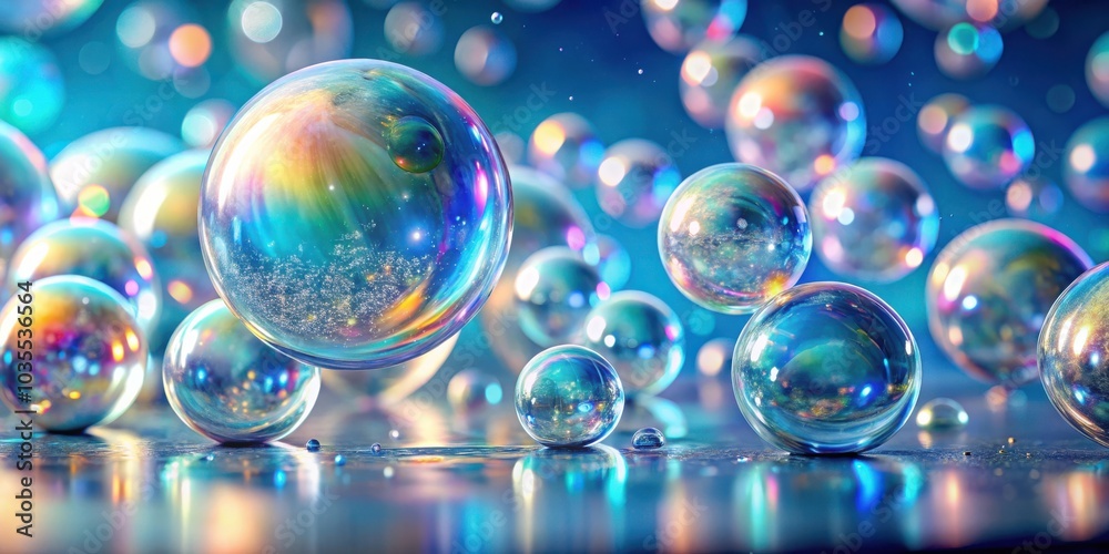 A symphony of iridescent soap bubbles, suspended in a vibrant blue expanse, reflecting a spectrum of colors and sparkling with an ethereal glow.