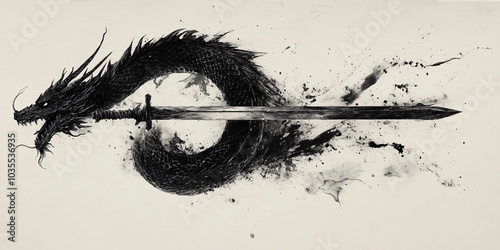 A black and white ink wash painting depicting a black dragon coiled around a sword.