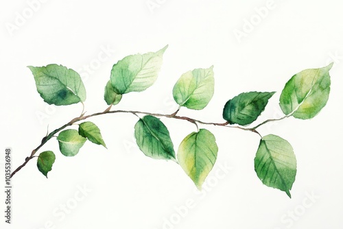 Watercolor Painting of a Sprig with Green Leaves