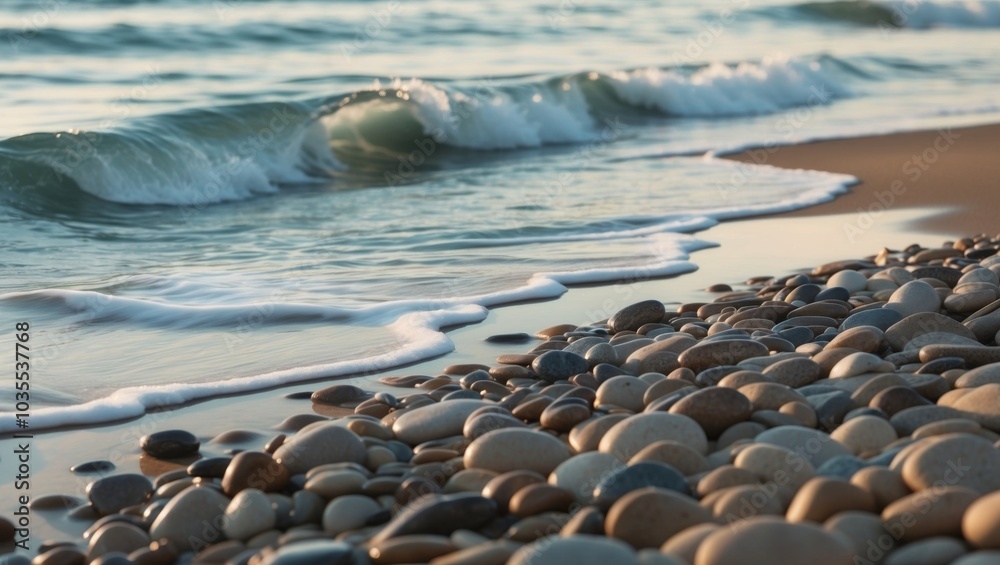 Obraz premium Waves Washing Over Smooth Pebbles on the Shore.