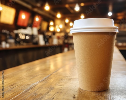 Coffee cup sitting on top of a wooden table - Food and Drink