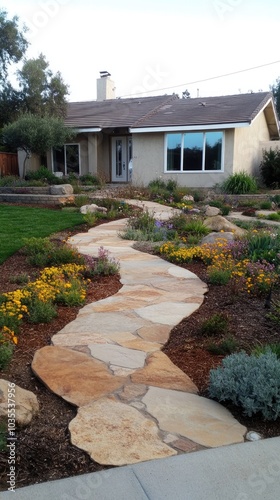 The front yard features flat stone paths winding through wildflowers, leading to a sustainable home with large windows at sunrise photo