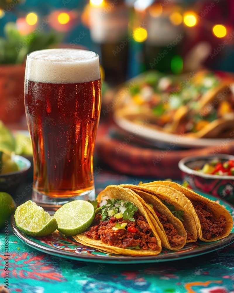 Mexican amber ale with tacos and lime on colorful table with festive decorations