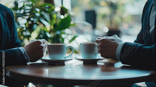 Business partners discussing strategy over coffee in a cozy cafÃ©.