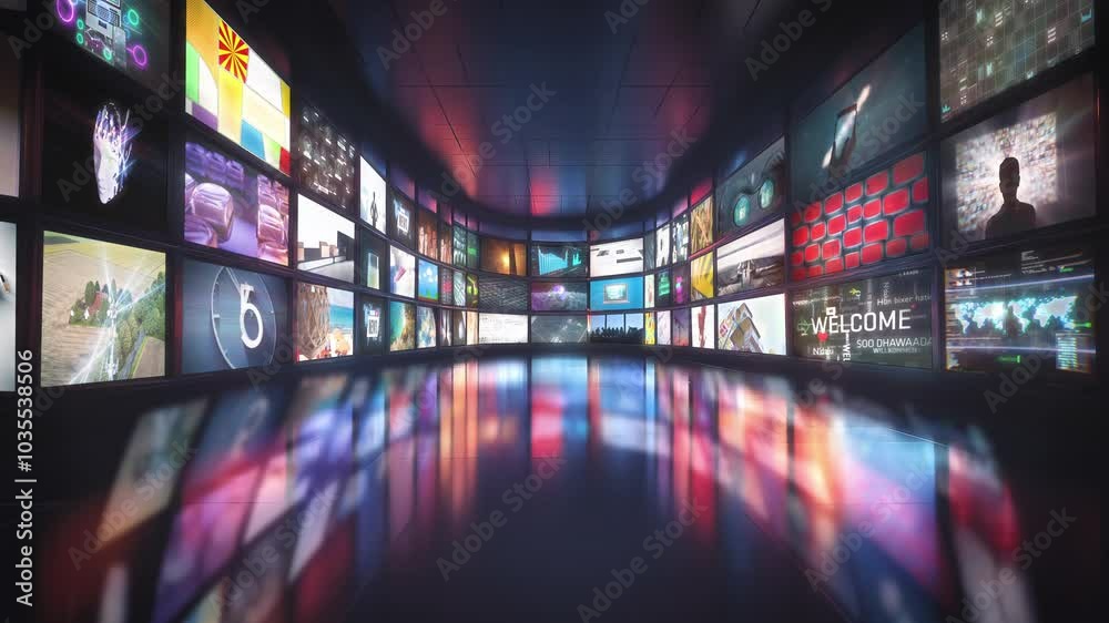 Multiple monitors in room with multiple screens on the wall and various social media, modern, future life content, conceptual smart TV, Generative AI