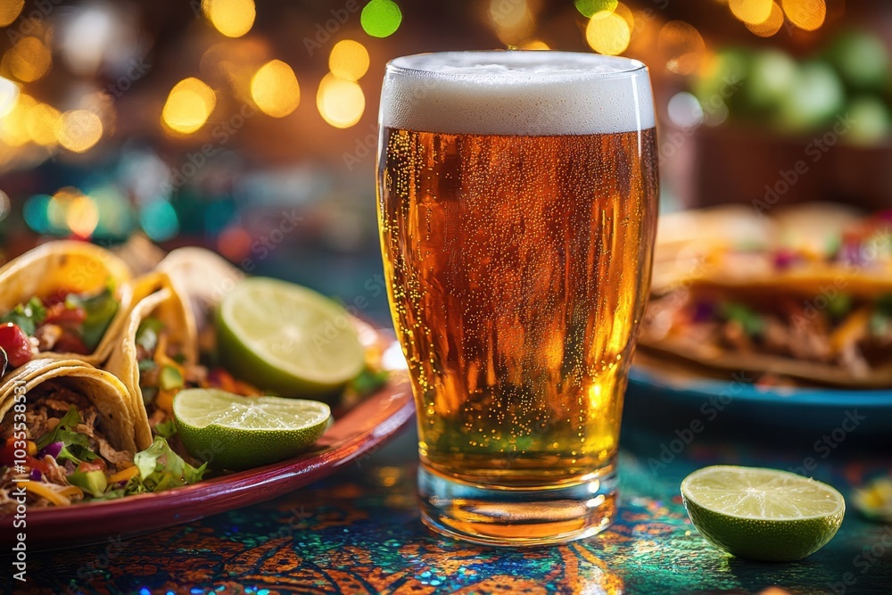 Mexican amber ale with tacos and lime on colorful table with festive decorations
