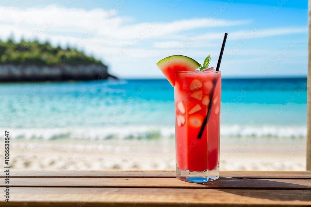 Obraz premium Close-up of a refreshing watermelon mocktail at the summer beach bar with copy space background.
