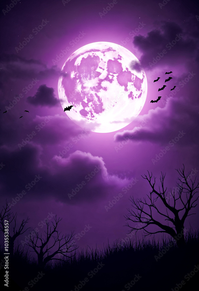 Fototapeta premium Halloween Night: Spooky Moon in a Cloudy Sky with Bats