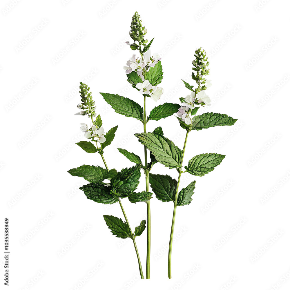 Fresh organic mint leaves and white flowers in bloom on stems, isolated on white background. Ideal for herbal, botanical, or culinary uses. Fresh organic mint leaves and white flowers in bloom on stems, isolated on white background. Ideal for herbal, botanical, or culinary uses.