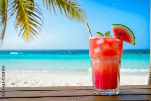 Close-up of a refreshing watermelon mocktail at the summer beach bar with copy space background.