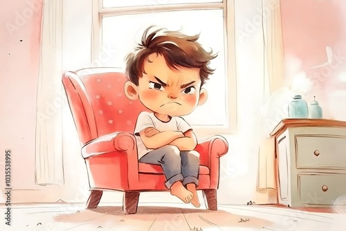 Angry boy sitting on a small red chair in a room with arms crossed
