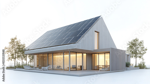 A modern house with solar panels on the roof, isolated against a white background. Detailed illustration, high-resolution, professional photograph. modern house with solar panels