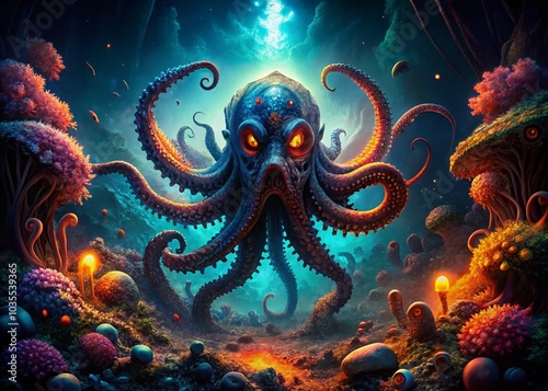 Sinister Octopus Demon in Night Ocean Depths | Abstract Night Photography