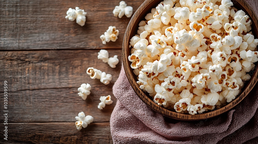 A wooden bowl filled with popcorn on a wooden table with a pink napkin. A wooden bowl filled with popcorn on a wooden table with a pink napkin.