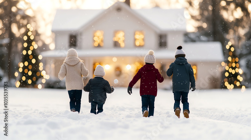 Obraz na płótnie A joyful winter scene of children walking in the snow towards a beautifully decorated house with Christmas lights, evoking warmth and family togetherness. w salonie