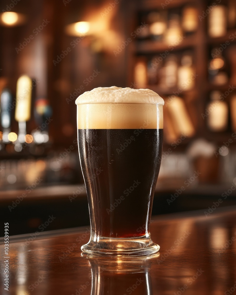 Irish stout with creamy foam on bar counter in a traditional pub with dim lighting. Irish stout with creamy foam on bar counter in a traditional pub with dim lighting.