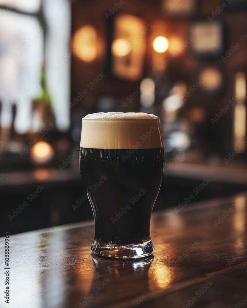Irish stout with creamy foam on bar counter in a traditional pub with dim lighting. Irish stout with creamy foam on bar counter in a traditional pub with dim lighting.