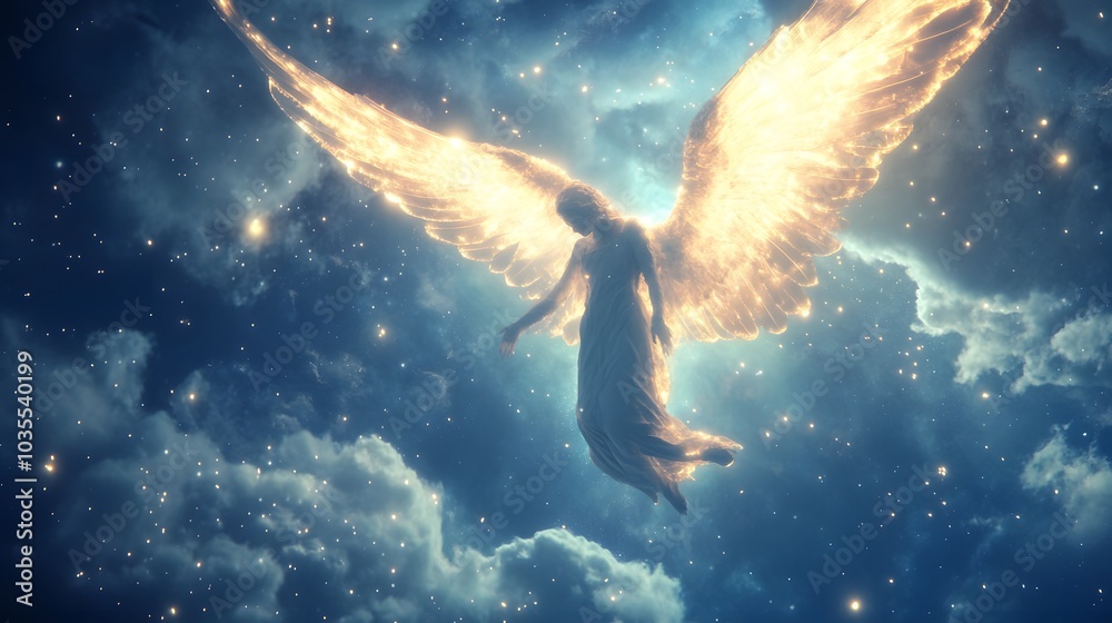 a floating angel artist with glowing wings and a heaven a floating angel artist with glowing wings and a heaven