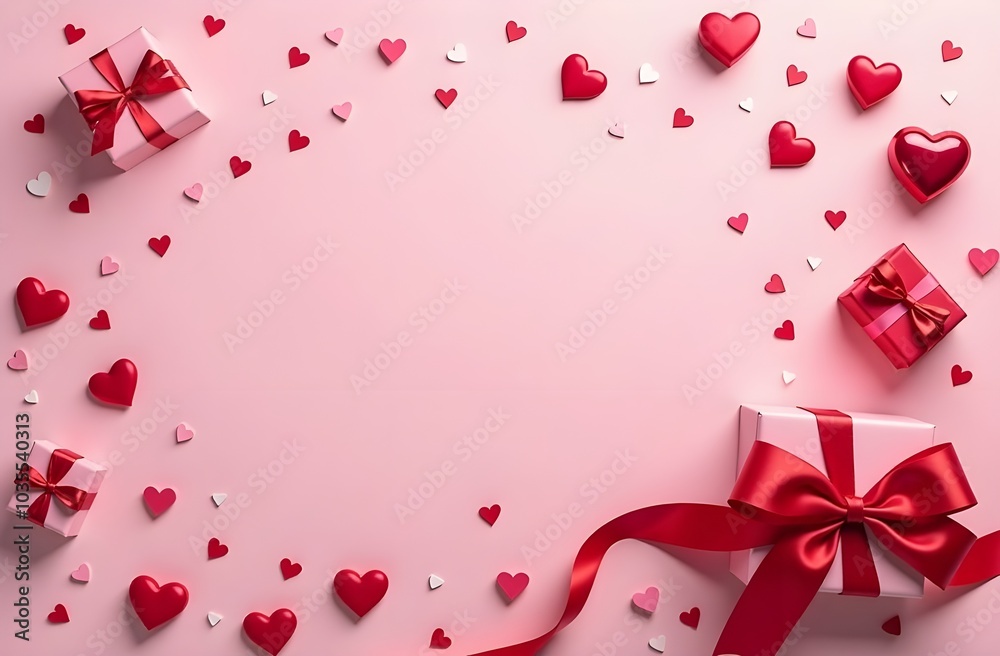 A Valentine's Day greeting card with gift and red balloons in a shape of heart on pink background with copy space. A Valentine's Day greeting card with gift and red balloons in a shape of heart on pink background with copy space.