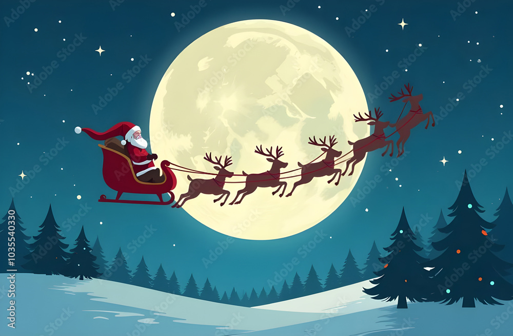 Fototapeta premium Santa Claus riding in sleigh with reindeer flying over the moon. Christmas background.