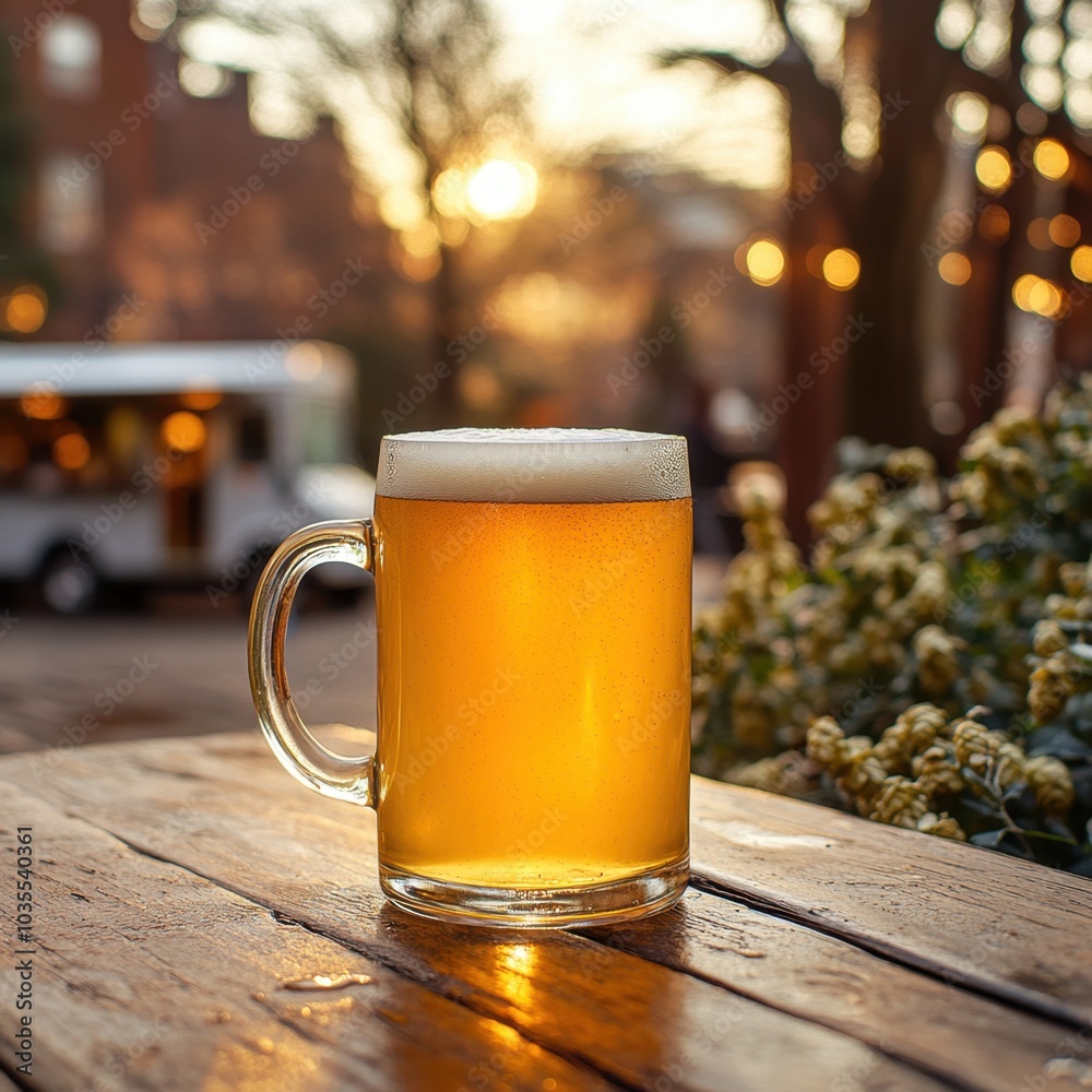 Frosty American IPA on picnic table in outdoor brewery garden with hop plants and food trucks.