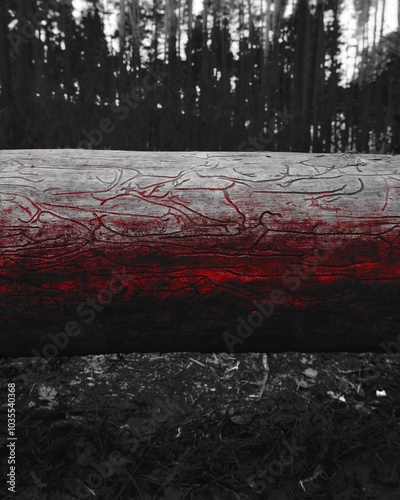Fallen pine tree in the darkness, dark horror atmosphere 